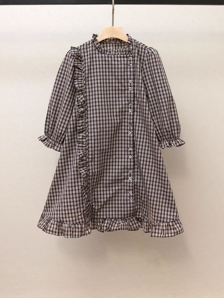 High End Women's Clothing Autumn New Style Artistic Retro Style Sweet Fungus Edge Splicing Plaid Dress for Women