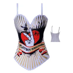 Gotycki gorset z nadrukiem Top z paskami Sznurowany bawełniany seksowny gorset Push Up Bustier Kobiety Punk Odzież Burlesque Corselet