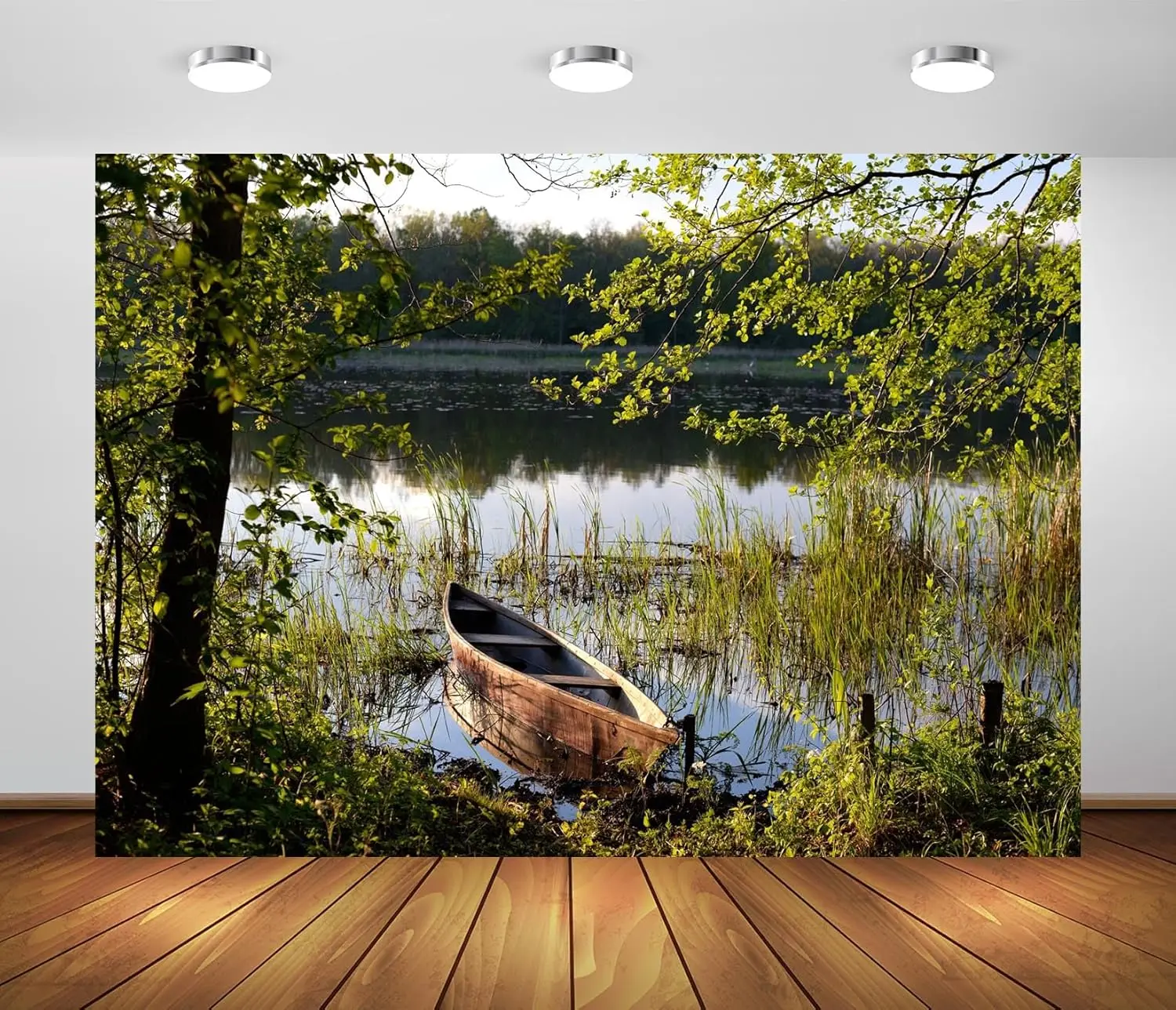 Rustic Boat Pond Landscape Tapestry Wall Art Nature Woodland Scene Home Decor Printed Canvas Picture Abstract Tropical River Mur
