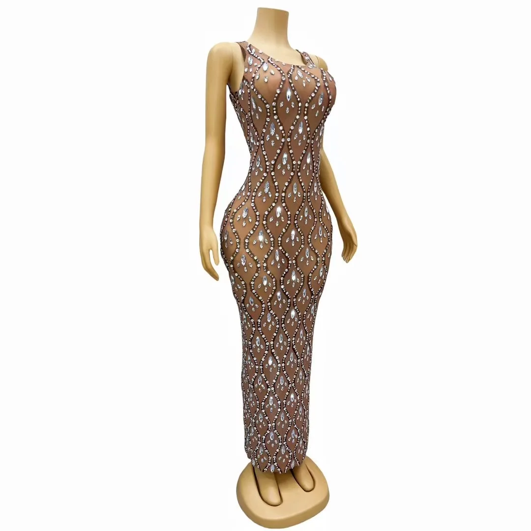 Women Sexy Backless Flashing Rhinestone Stretch Dress Elegant Evening Party Dress Club Singer Dancer Stage Performance Costume