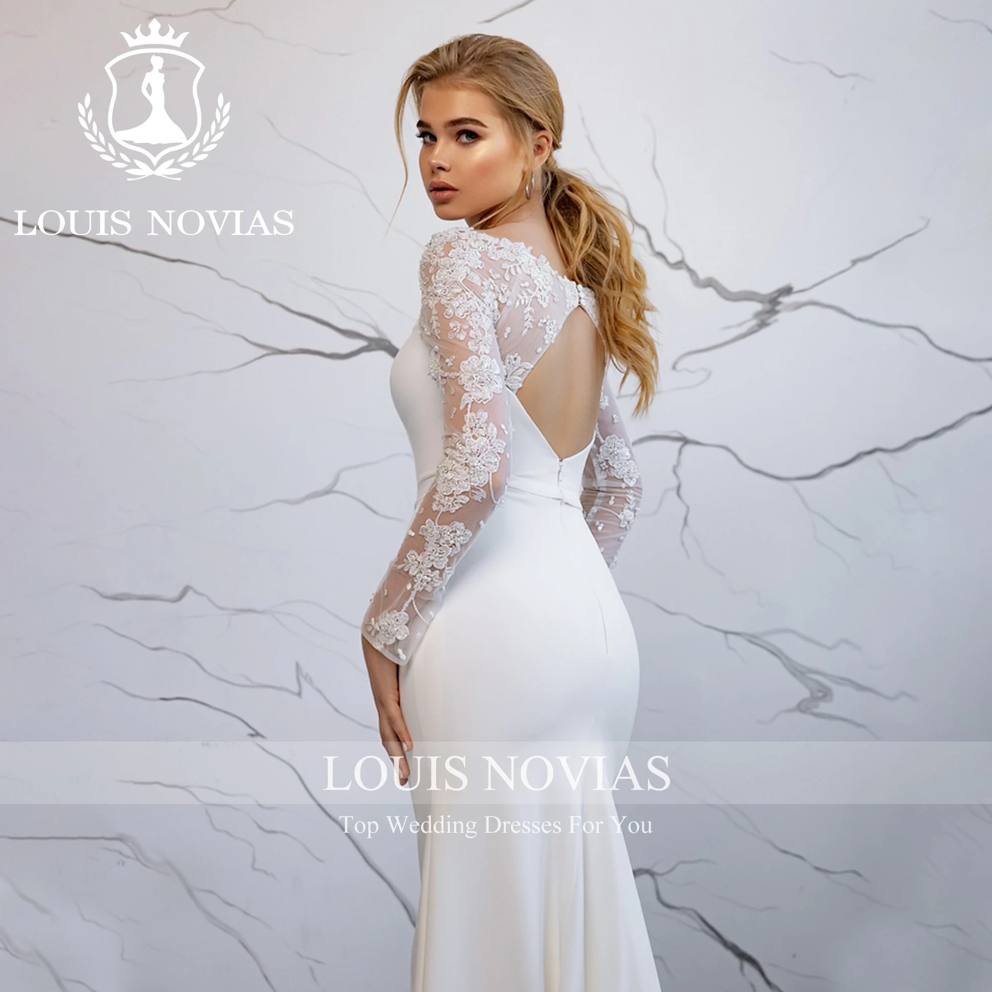 LOUIS NOVIAS Mermaid Long Sleeve Wedding Dress Sexy Glamorous Boat Neck Appliques Cut-out  Satin Wedding Gown Vestidos De Novia