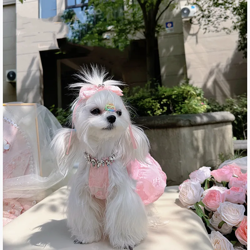Sparkly Rhinestone Pet Evening Dress Tulle Dog Gown Summer Elegant Flocking Rose Outfit for Small Dogs Cats Party Wear