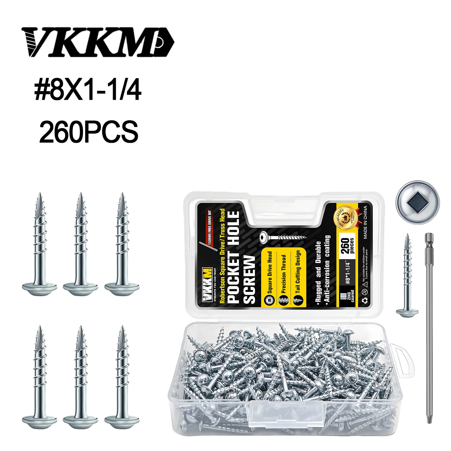 260Pcs #8×1-1/4 Inch Pocket Hole Screws Robertson Square Drive Truss Head Wood Screws Zinc Coated with 150mm Square Drive Bit