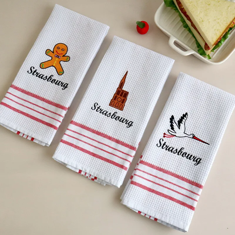 

1Pc 40x60cm Cotton White Waffle Embroidered Tea Towel Table Dinner Napkin Kitchen Dishcloth Xmas Party Gift