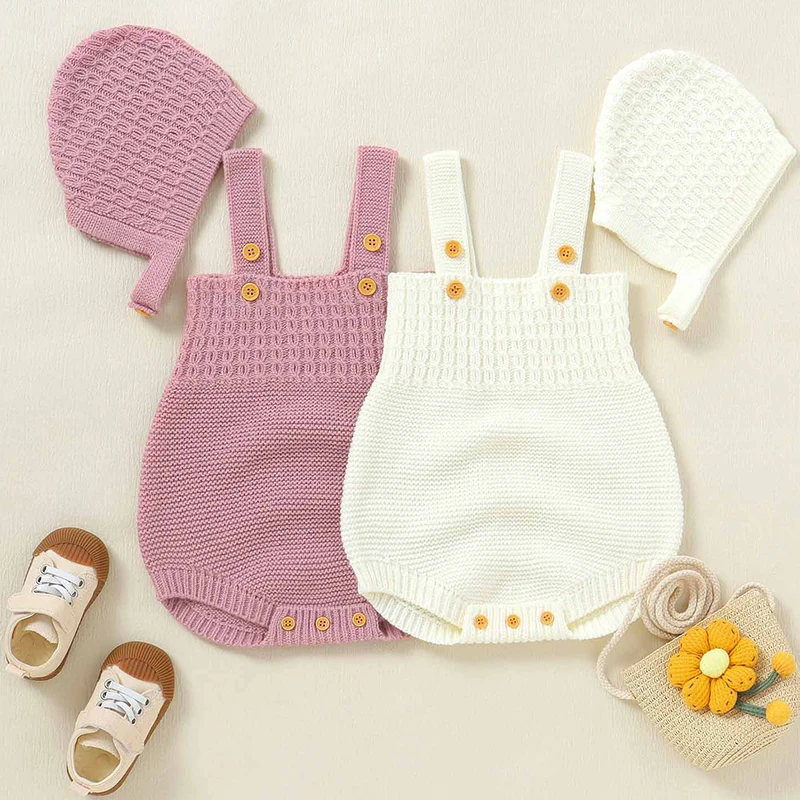 Newborn Baby Girls Rompers Hats Clothes Sets 2PCS Autumn Solid Knitted Infants Kids Boy Girl Sweaters Jumpsuits Outfits Knitwear