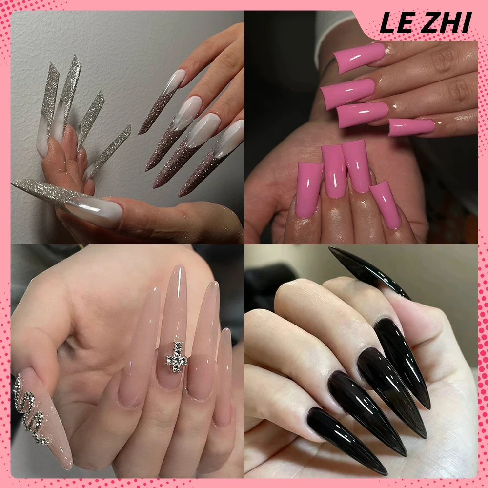 

10Pcs Spice Girl Simple Solid Color Handmade Xxl Long Square Tip Press On Nails Diamond Design Detachable Full Cover Nails