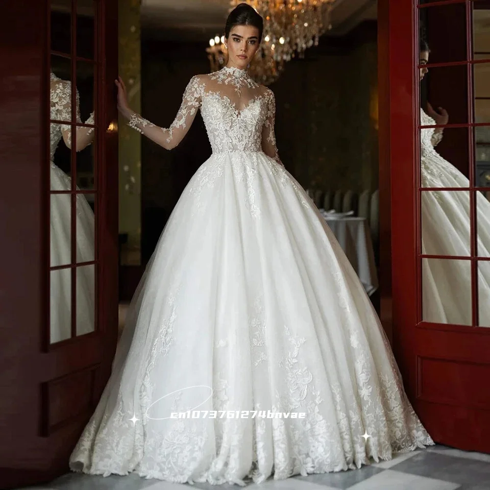 

High Neck Lace Wedding Dress Long Sleeve Appliques Buttons Back Luxury Chapel Bridal Gowns Customized Vestidos De Novia