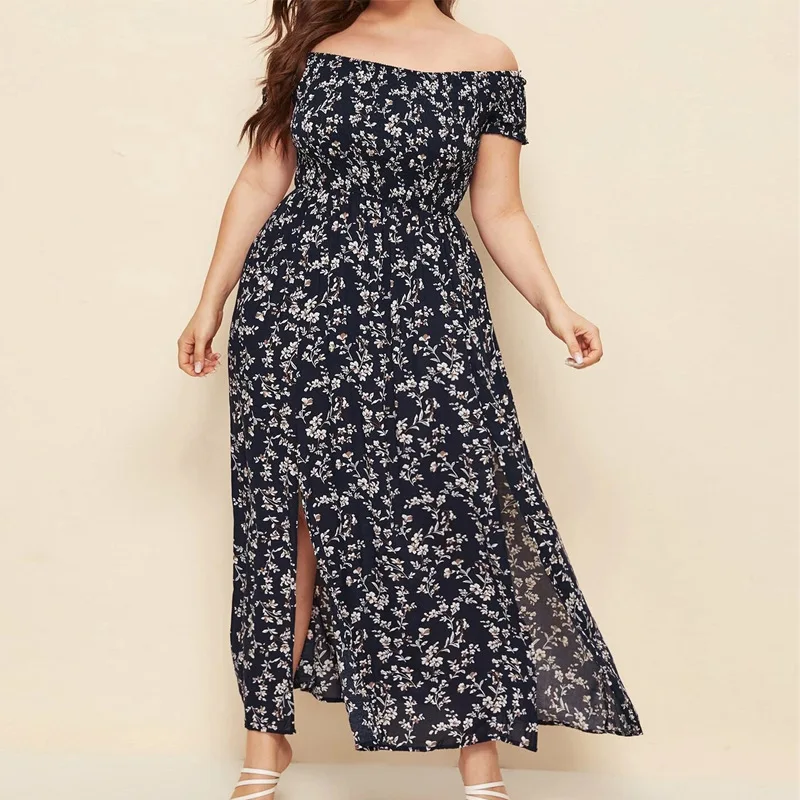 Summer Women\'s Boho Floral Print Off Shoulder Split Long A Line Dresses XXXL 4XL