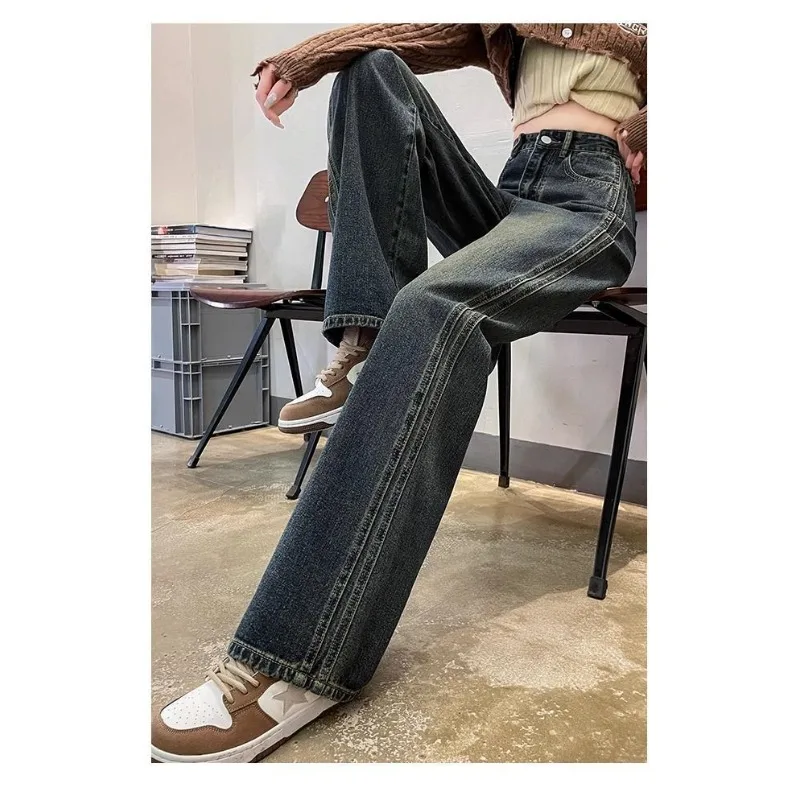 Nieuwe dames retro dikkere fluwelen wijde pijpen jeans herfst winter hoge taille rechte broek vrouwelijke casual denim broek