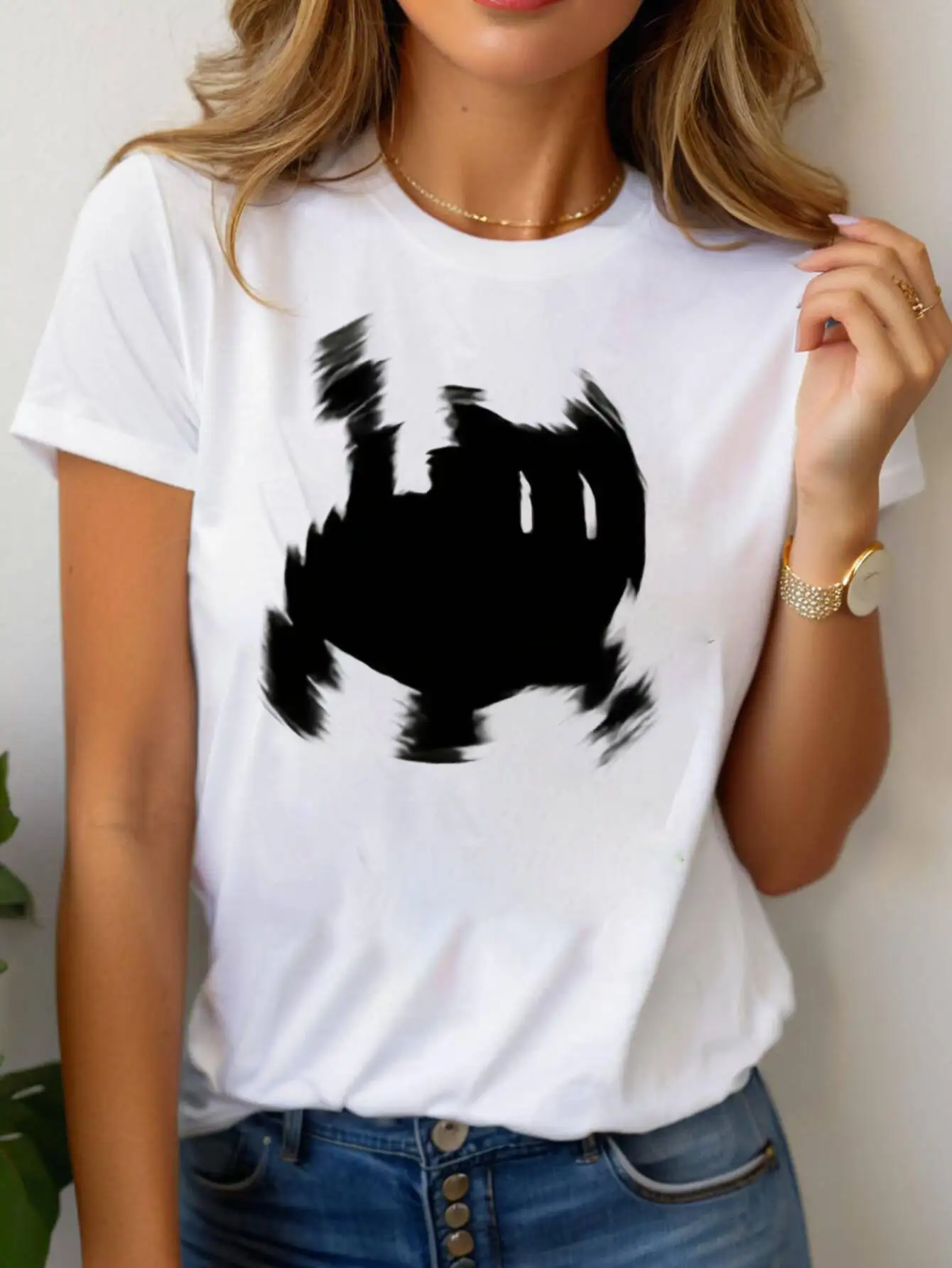 Casual Women's T-Shirt Abstract White cat Graphic Print Round Neck Short Sleeve Four Seasons Comfortable For Daily tops