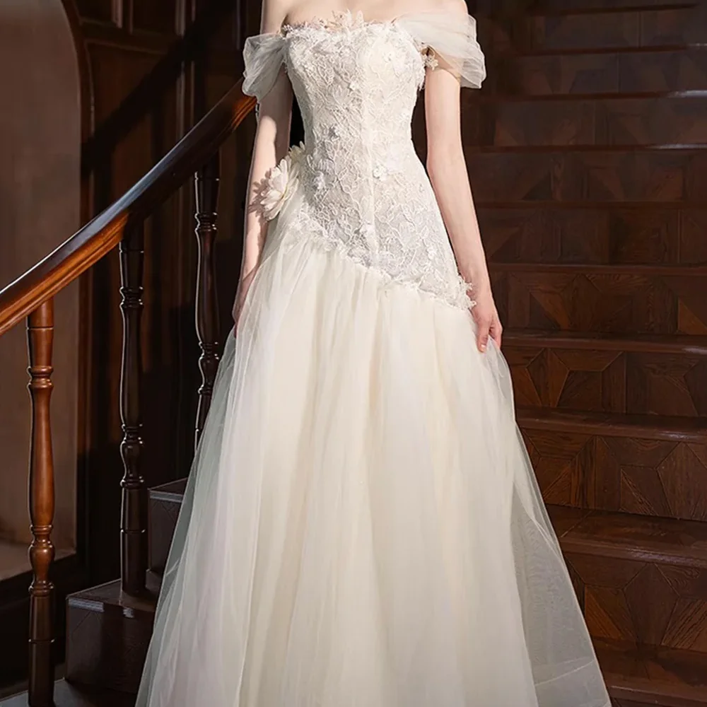 Classic Off Shoulder Appliquins Sleeveless Pleat A-Line Bride Wedding Dresses Bridal Gowns Customized