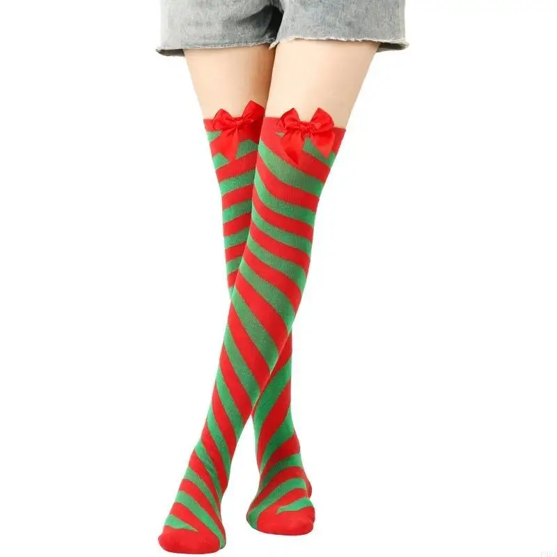 

P88A Women Colorful Striped Over Knee Long Socks Furry Top Thigh High Stockings for Christmas Cosplay Costume Accessories