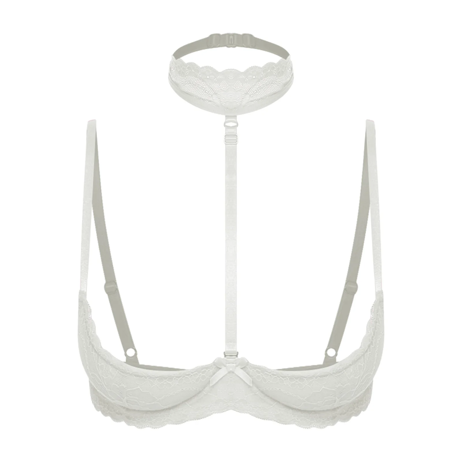 

Women 1/4 Cup Low Cut Unlined Bra Sissy Floral Lace Breathable Halter Neck Bra Top Soft Chest Pads Balconette Bra with Choker