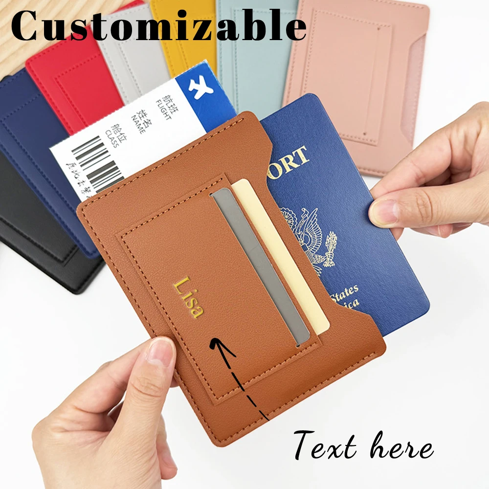 Customized Name Passport Folder Card Holder Leather Travel Ticket Folder Passport Bag Identification Pure Color Passport Cover