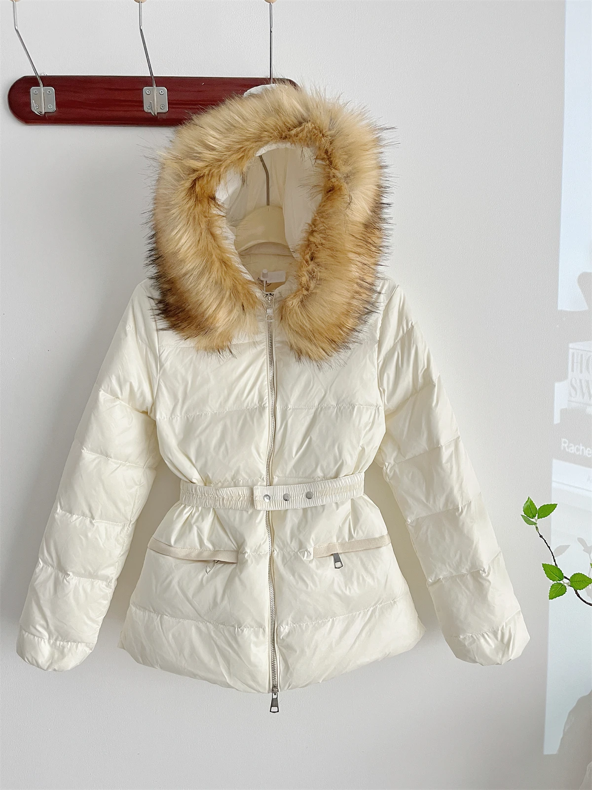 Women's Autumn Winter Thick Warm White Duck Down Coat Lady Faux Fur Hooded Long Sleeve Slim Down Padded Outwear Top