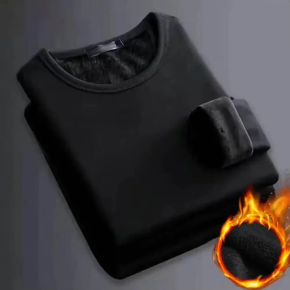Winter Men's Long-sleeved Thermal Underwer T-Shirt Fleece Bottoming Shirt Round Neck Shirt Fashion Plus Velvet Padded T-shirt