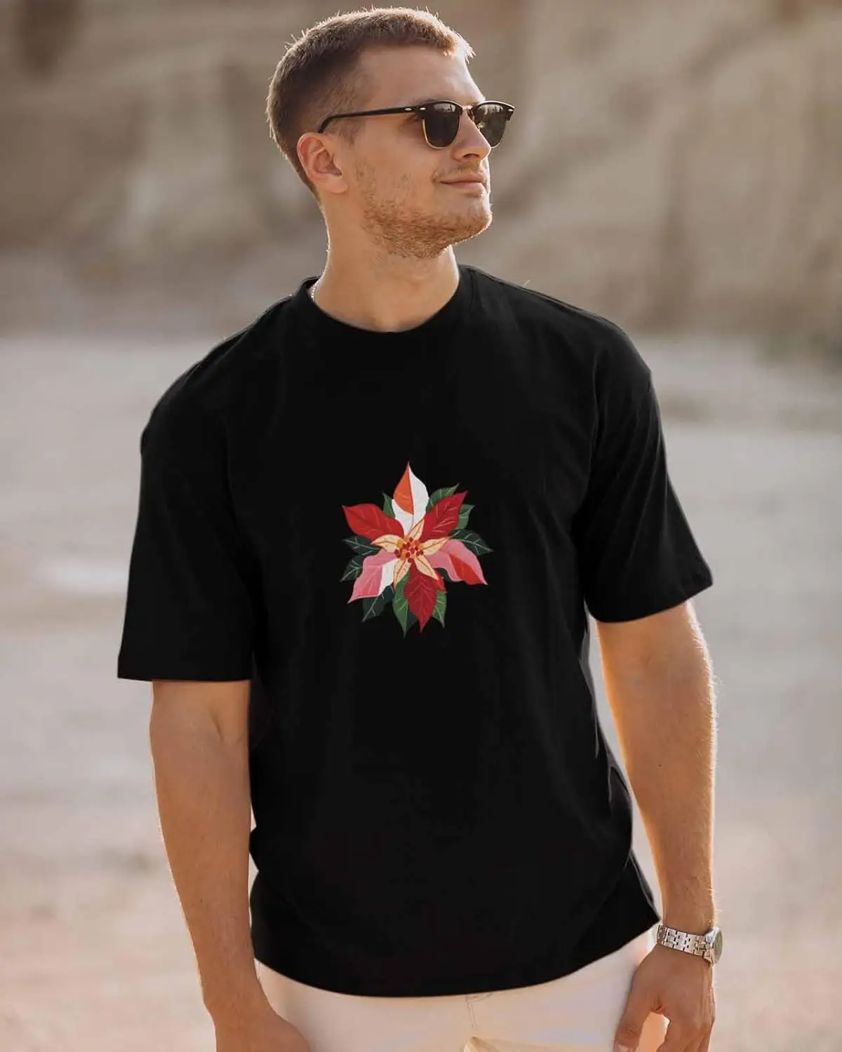 Men's T-Shirt, Novelty Graphic T-Shirt Beautiful Poinsettia Flowers Christmas Cotton Crew Neck Men's Short