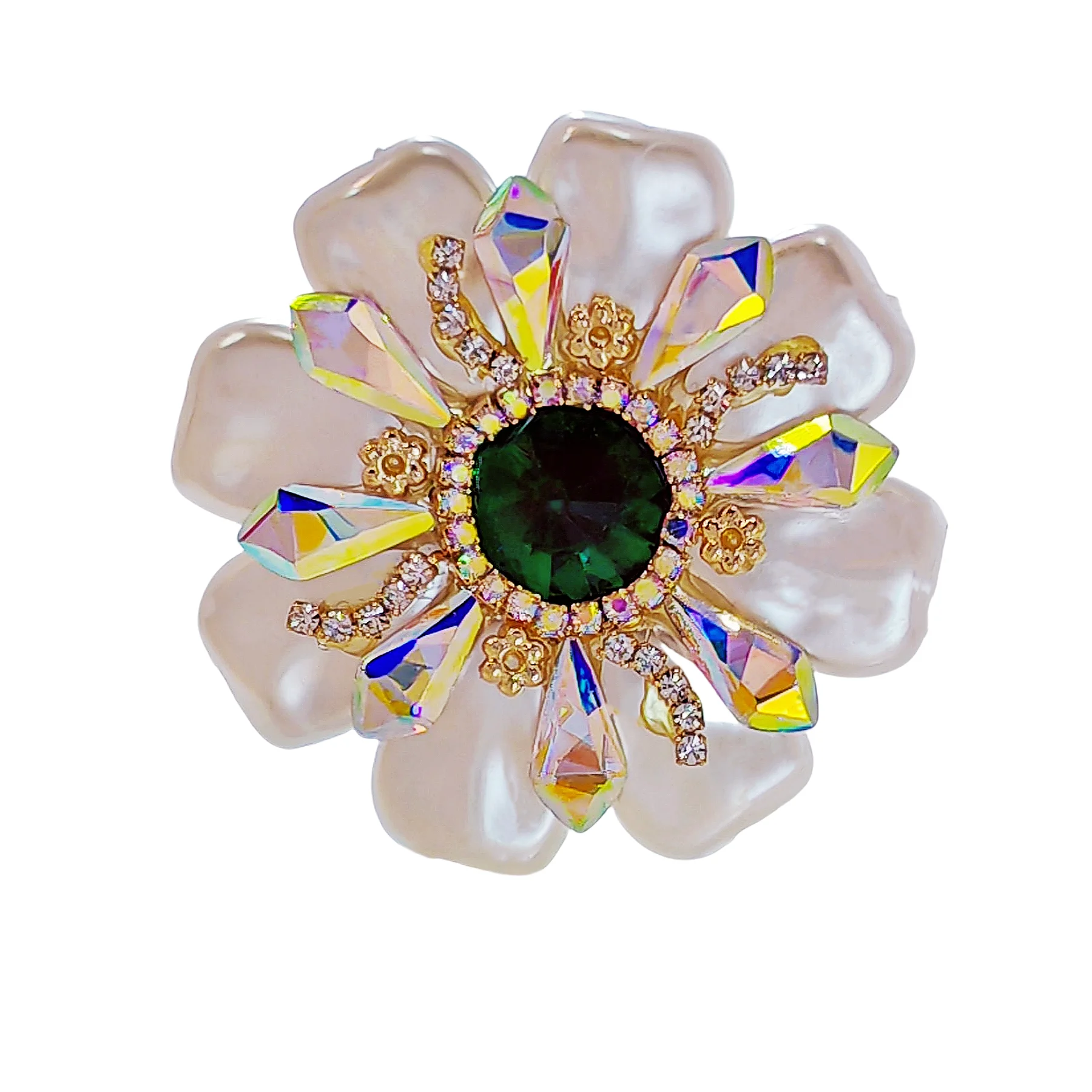 

Dazzling Imitated Shell Pearl and Green Crystal Round Flower Brooch Pin with AB Accent Wedding Jewelry