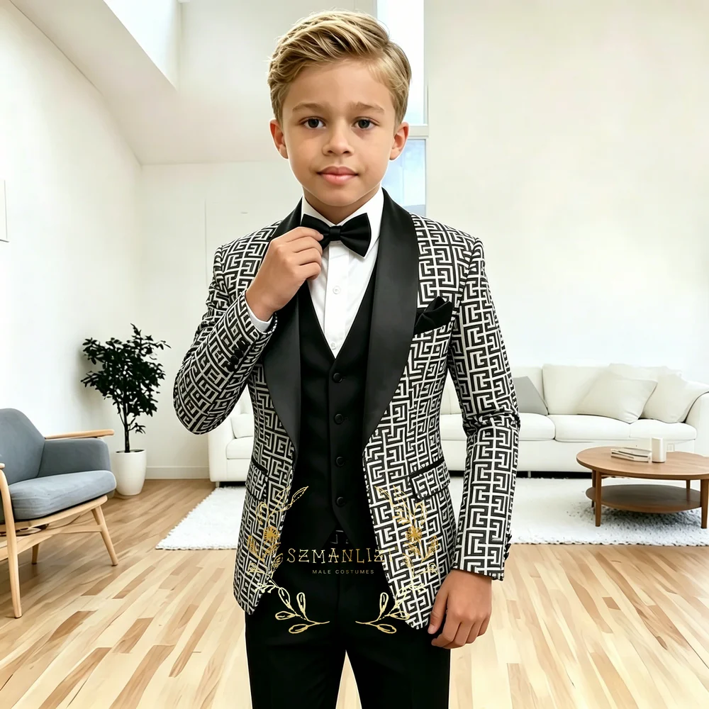 Fashion Plaid Boys Suit 3 Pieces Set Blazer For Kids Wedding Tuxedo Jacket Vest Pants Boys Slim Fit Clothes 2-16 Years Old