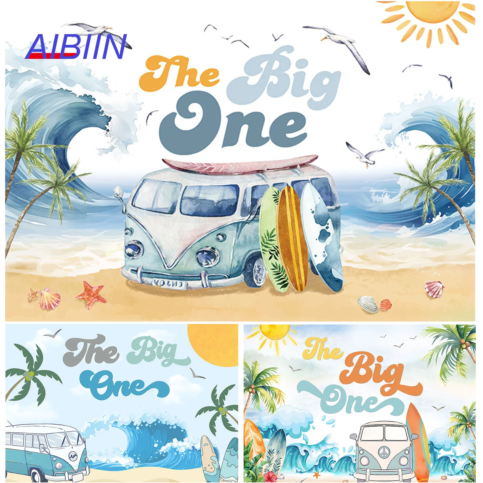 

AIBIIN The Big One 1st Birthday Party Backdrop Summer Sun Sand Beach Shell Bus Palm Surfing Photography Background Party Decor