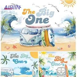 AIBIIN The Big One 1 번째 생일 파티 배경, 여름 태양 모래 해변 쉘 버스 팜 서핑 사진 배경, 파티 장식