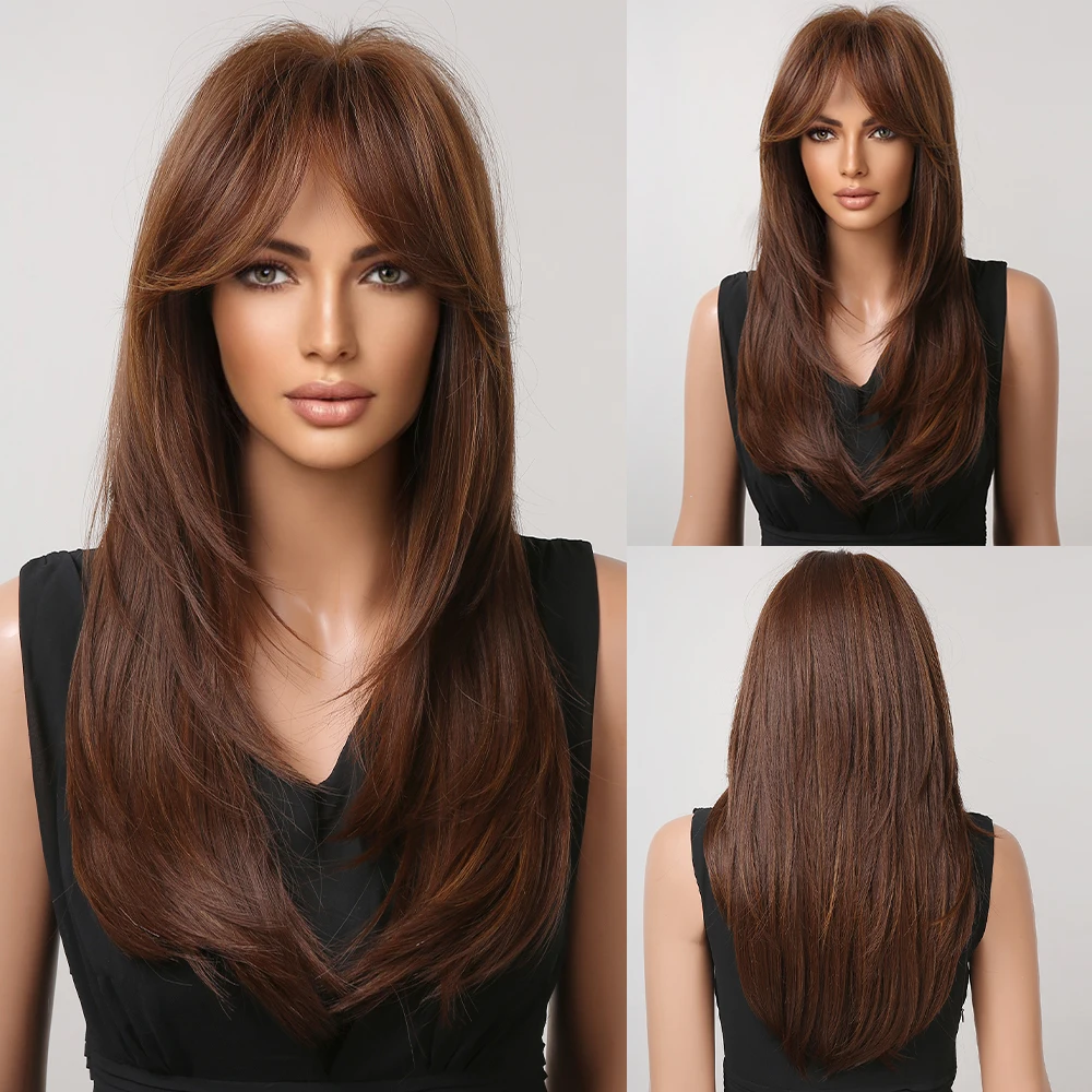 Brown Blonde Synthetic Wig With Bangs Long Straight Wig Daily Cosplay Party Women\'s High Temperature Resistant Natural Wig