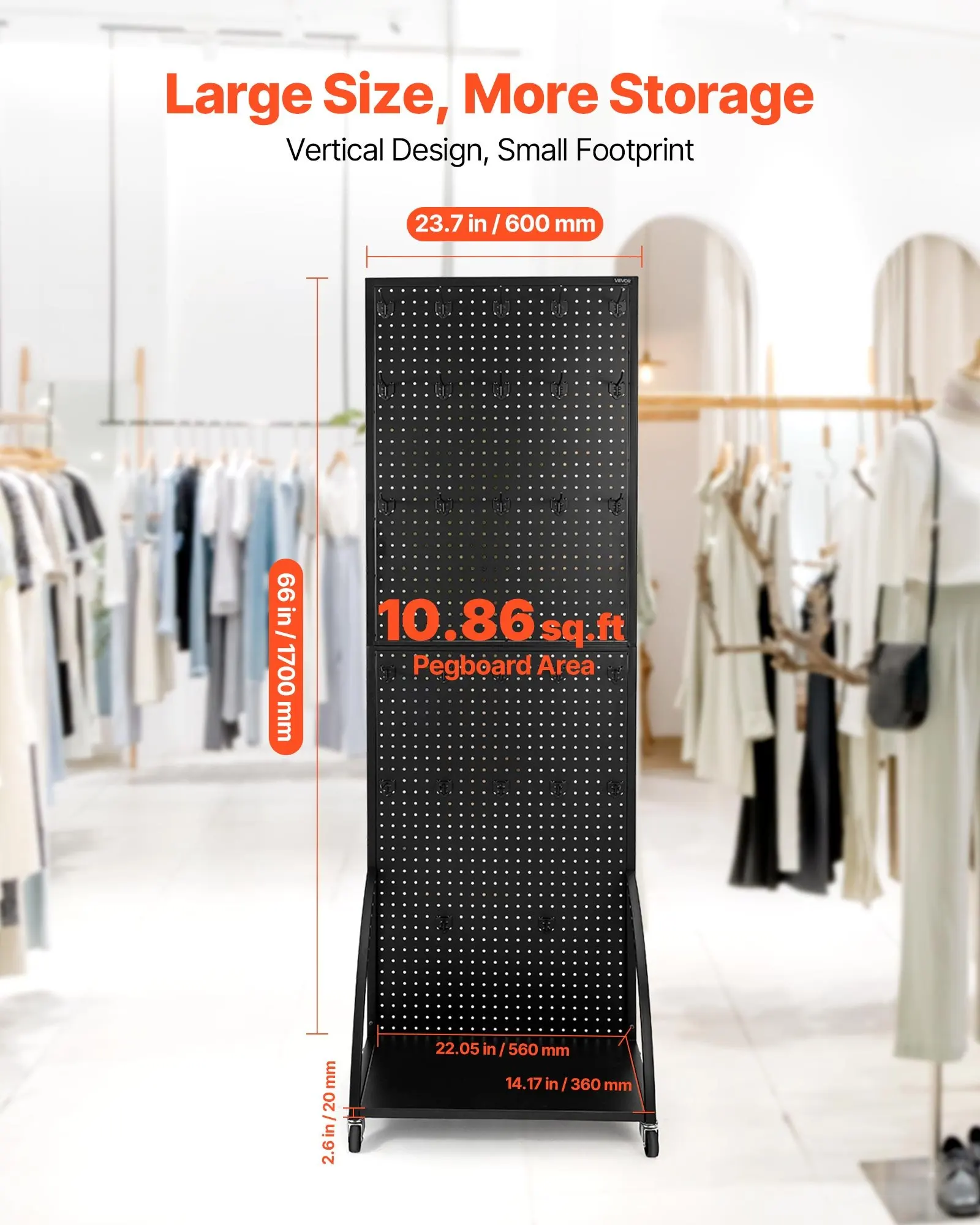 

Standing Pegboard Display With Base Plate, 23.7 X 66 In Pegboard Display Stand With Casters And 30 Hooks, Thickened Cold-Rolled Steel Peg Board Panel For Retail Store And Jewelry Shop, Black