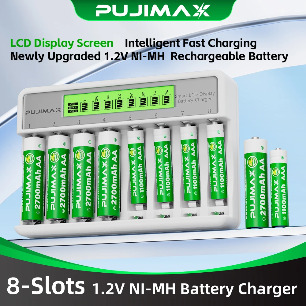 PUJIMAX 8-Slots LCD Display Fast Smart Battery Charger Type-C Charging For 1.2V Ni-MH Ni-CD AA AAA  Rechargeable Battery Charger