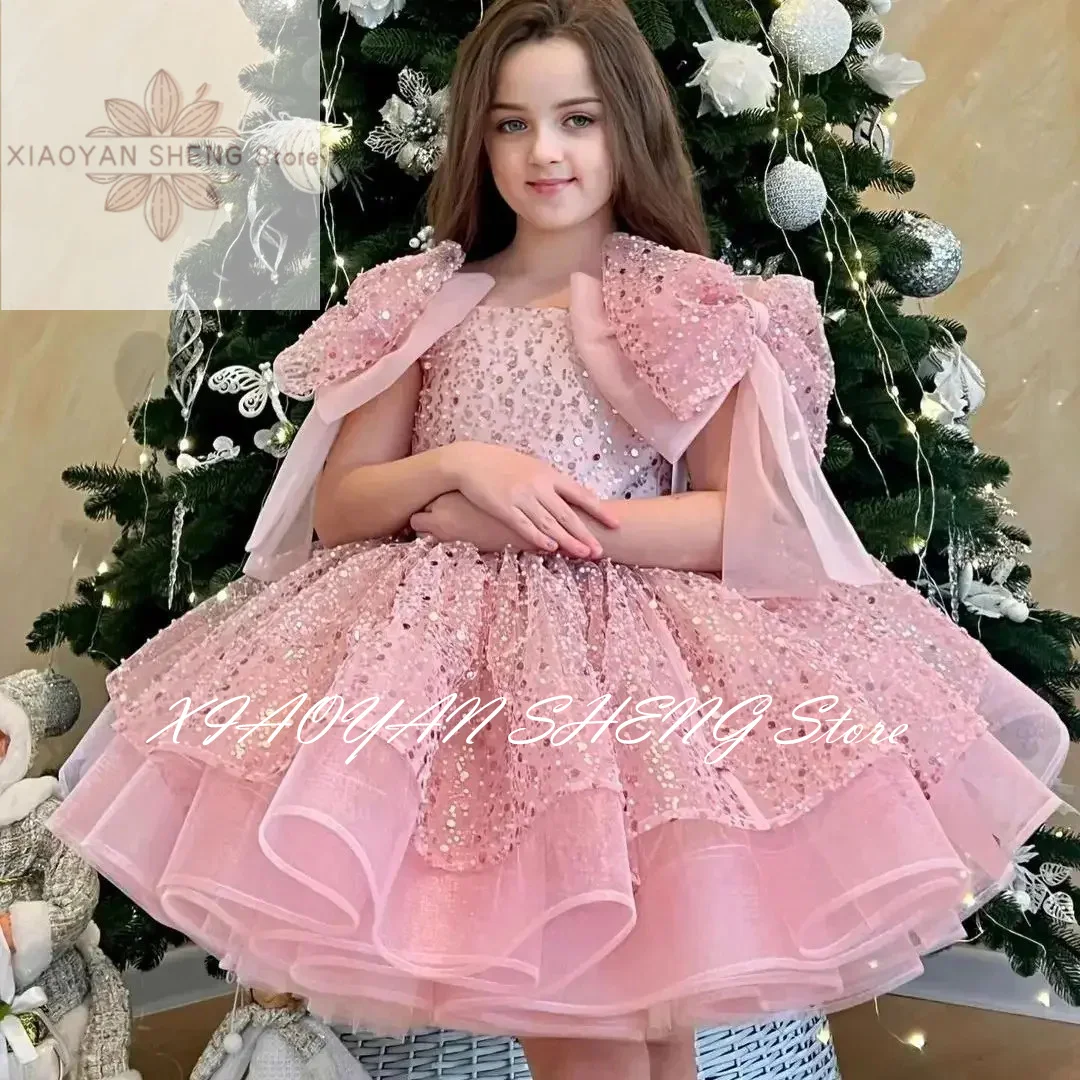 Champagne Flower Girl Dress For Wedding Glitter Shining With Bow Cute Baby Pageant Dress Princess First Communion Ball Gowns