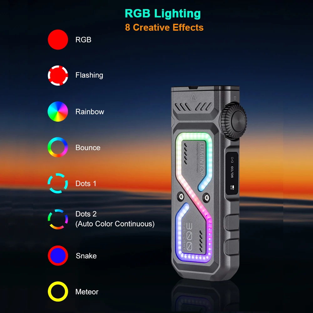 EDC LED Flashlight Outdoor Camping Lantern UV LEP RGB Hourglass Light USB C Rechargeable Lamp 1300 Lumen Fishing Torch Pixel