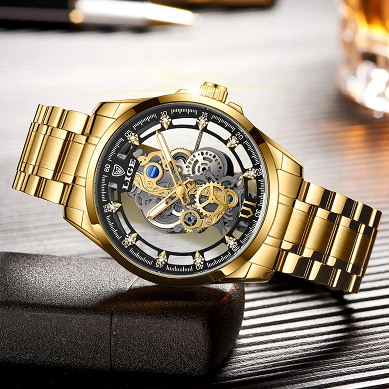 LIGE Top Brand Men\'s Watch Skeleton Quartz Watch Watch Gold Retro Fashion Men\'s Watch Men\'s Gift Top Brand Luxury Reloj Hombre