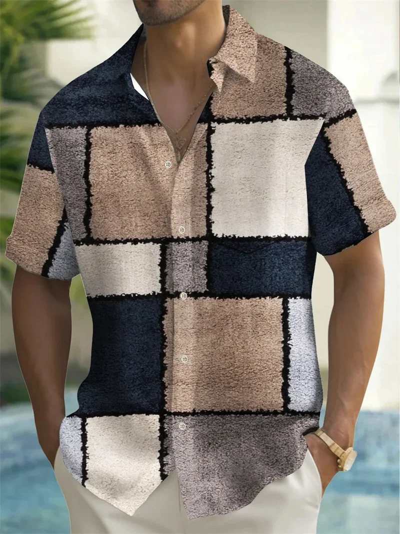 Men's Geometric Color Block Patchwork Shirt Button Shirt Short-sleeved Fashion Casual Summer Lapel 3D Printing Unisex Shirts