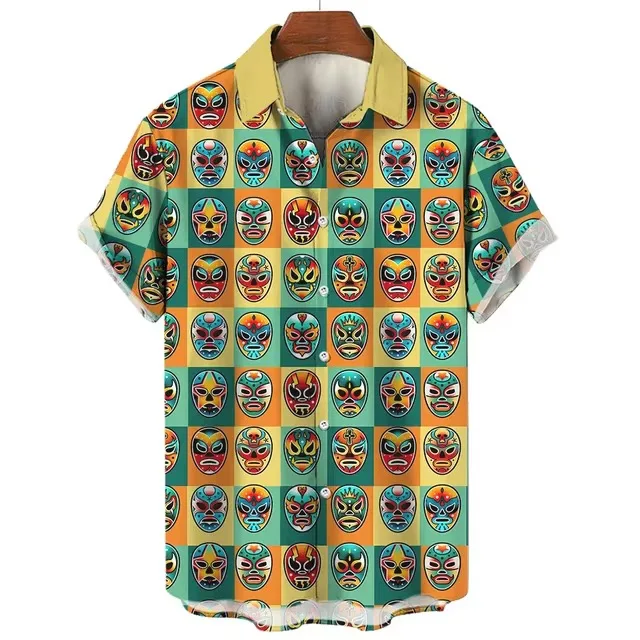 Trendy Cool Colorful Checkered Skeleton Wrestling Mask Printed Short Sleeve Shirt for Music Festival Breathable Casual Shirt