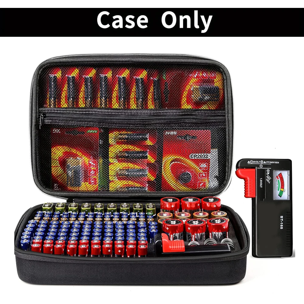Battery Organizer Case with Tester for AA AAA 9V C D Lithium 3V LR44 CR2032 Batteries Hard Shell Storage Box Garage Organizer