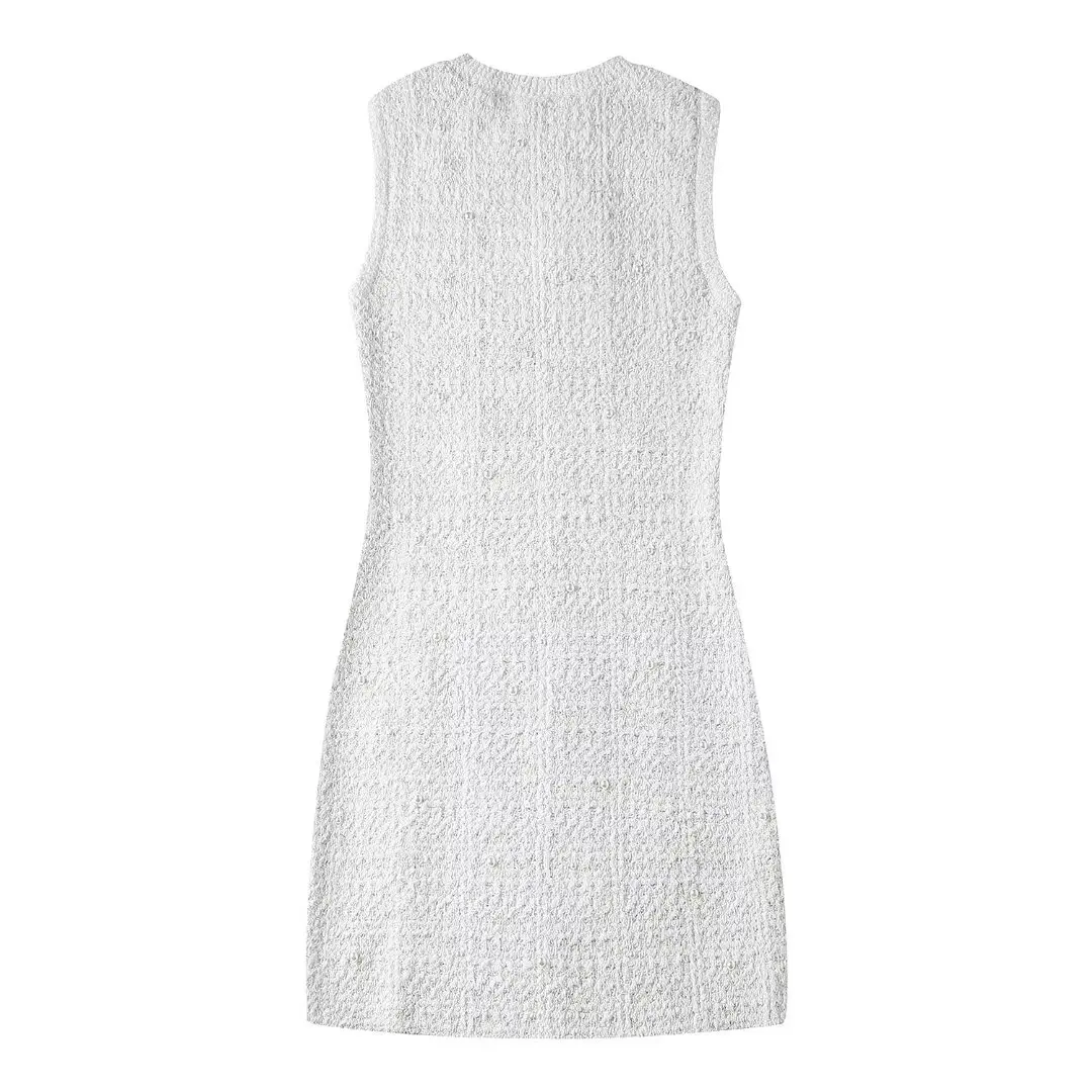 Tangada 2024 Women Pearl Decorate Knitted Dress Female Mini Dresses BE0113