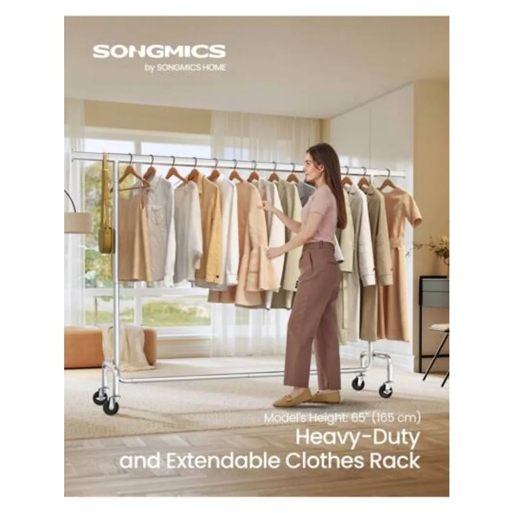 Rolling Heavy Duty Clothes Rack with Extendable Hanging Rod 243 lb Load Capacity 17.7 by 63 to 78.7 by 64.1 Inches