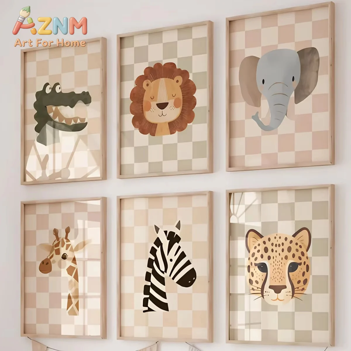 Cartoon Cute Animal Checked Canvas Prints Poster Lion Giraffes Elephants Art Print  Room Nursery Wall Art Home Decor