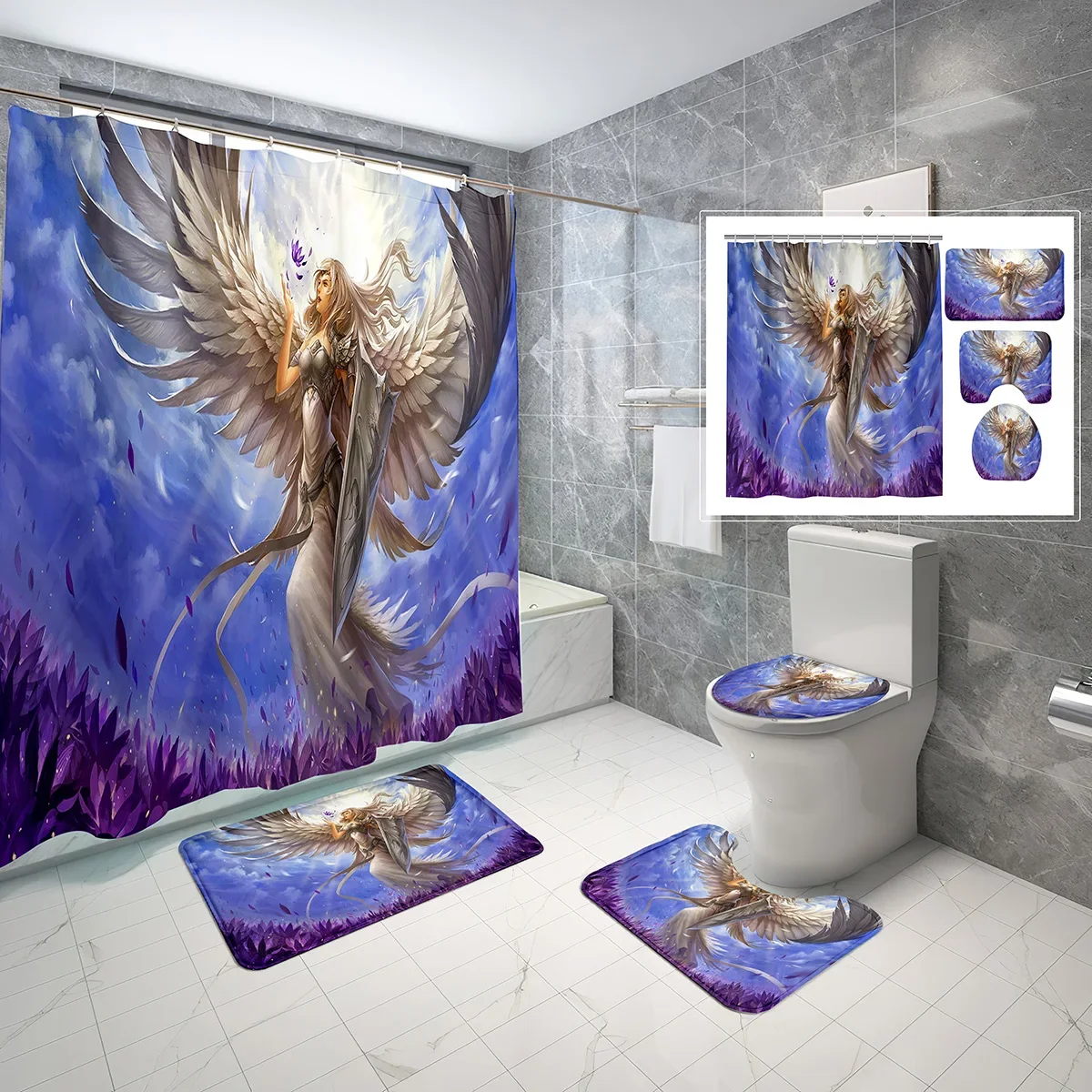 Flying Angel Shower Curtain Set Beautiful Angel 4 Pcs Shower Curtain Bathroom Non-Slip Bath Mat Toilet Cover Curtain Set