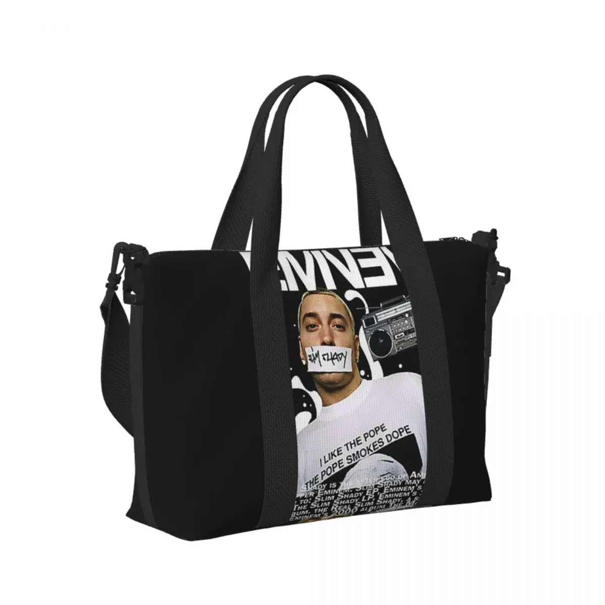 

Custom Eminem Slim Shady Music Rap Beach Travel Bag Large Capacity Tote Bags for Gym Sport Women Shopping Duffle Shoulder Bag