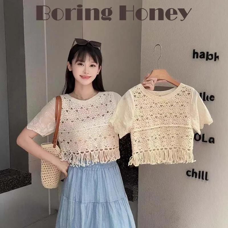 Boring Honey  New Crocheted O-Neck Short Sleeve Lace Shirt Female Summer Korean Joker T-shirt Short Fashion Knitwear Top women