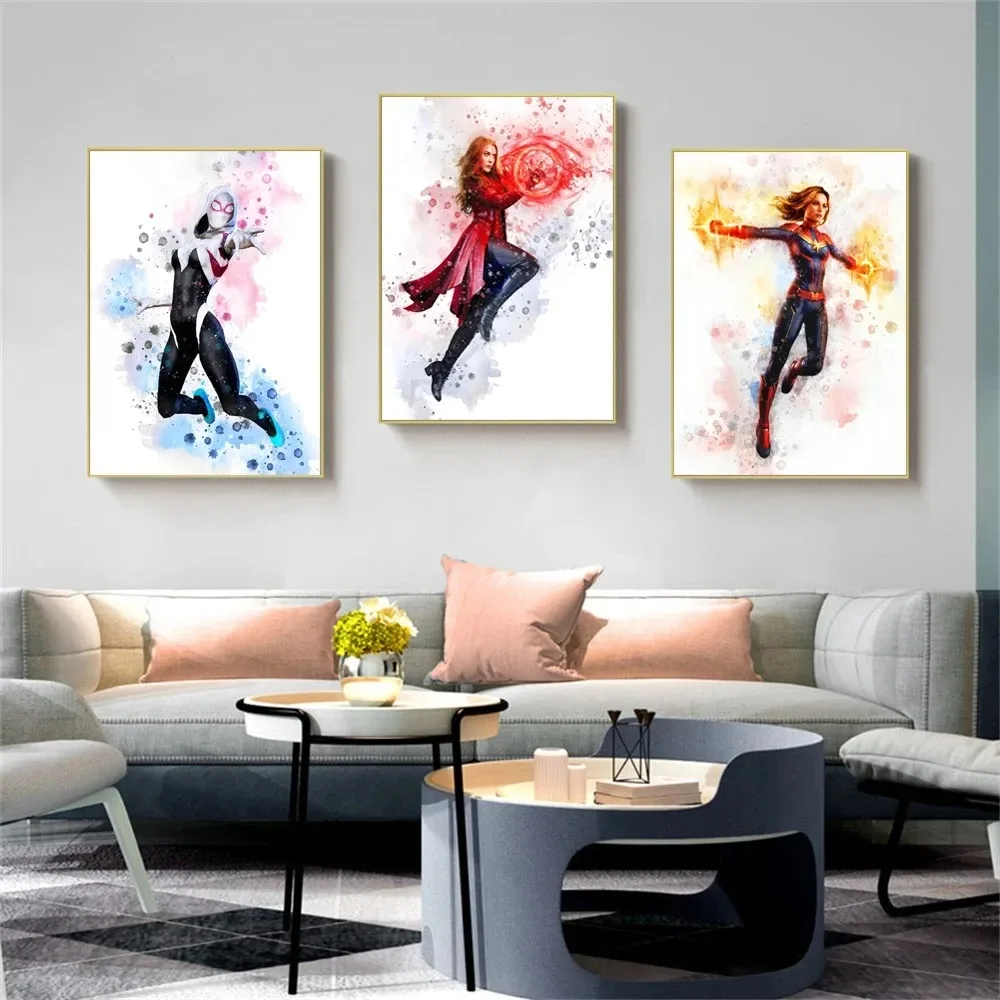 Miniso Disney Superhero Poster Female Hero Picture Black Widow Scarlet Witch Watercolor Wall Art Children Canvas Room Decor Gift