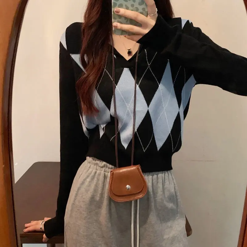 Spring Trend Patchwork Knitting Turn-down Collar Long Sleeve Pullovers Women Clothing Preppy Style Plaid Slim Sweater Femme Tops