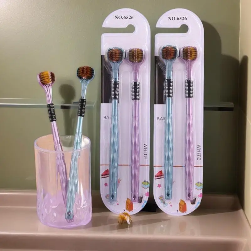 

2pcs 3D Stereo Three-Sided Toothbrush Ultra Fine Soft Hair Adult Toothbrushes Tongue Scraper Oral Care 360° Cleaning Teeth Brush