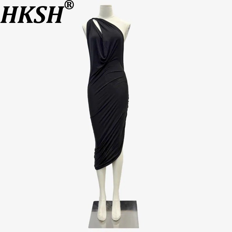 HKSH Summer New Women Tide Dress Solid Color Sheath Asymmetric Shoulder Slim Fit Sexy Elegant Stylish High Street Dresses HK8207