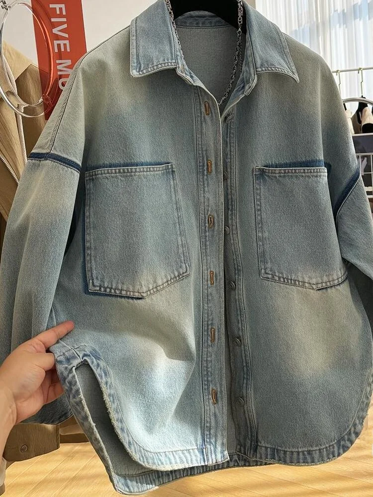 

Extra Large 300 Pou Retro Design High-End Casual Loose Denim Jaet Women Ele Spring Autumn Jaet Sli Button Detail