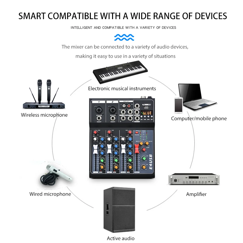 جهاز مزج الصوت ذو 4 قنوات، وحدة تحكم DJ احترافية مجهزة بمنفذ USB بلوتوث/48 فولت مزود طاقة فانتوم، لميكروفونات لوحة المفاتيح والجيتار ﻿