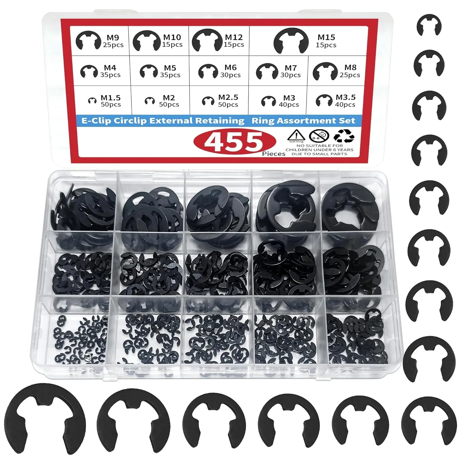 455PCS E Clip External Retaining Ring Circlip 14 Sizes Assortment Kit High Carbon Steel