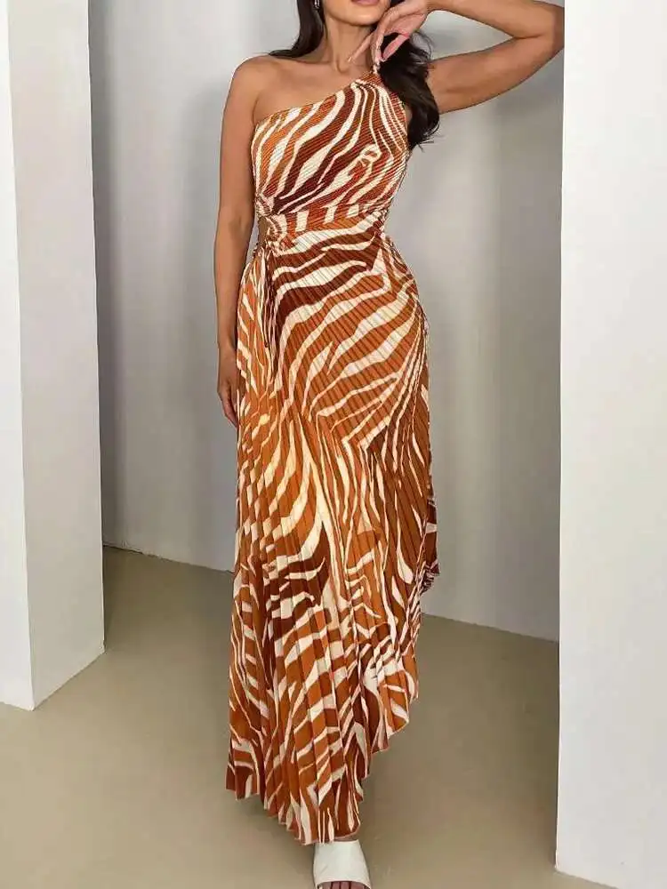 Skew Collar Casual Split Maxi Damen Frühling Sommer Loungewear Bedrucktes Partykleid, One Off Shoulder Patchwork Damenkleid