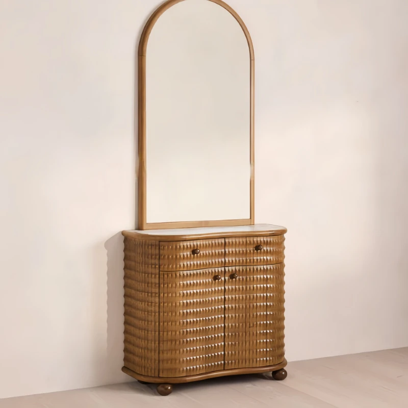 Modern hand-carved solid wood environmentally friendly vertical dresser retro dresser with large-capacity storage mirror