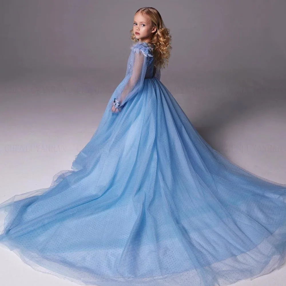 Bling Blue Flower Girls Dresses 2023 Applique Sequin Tulle Kids Wedding Party Dress Sweep Train Luxury Long Girl Princess Gowns